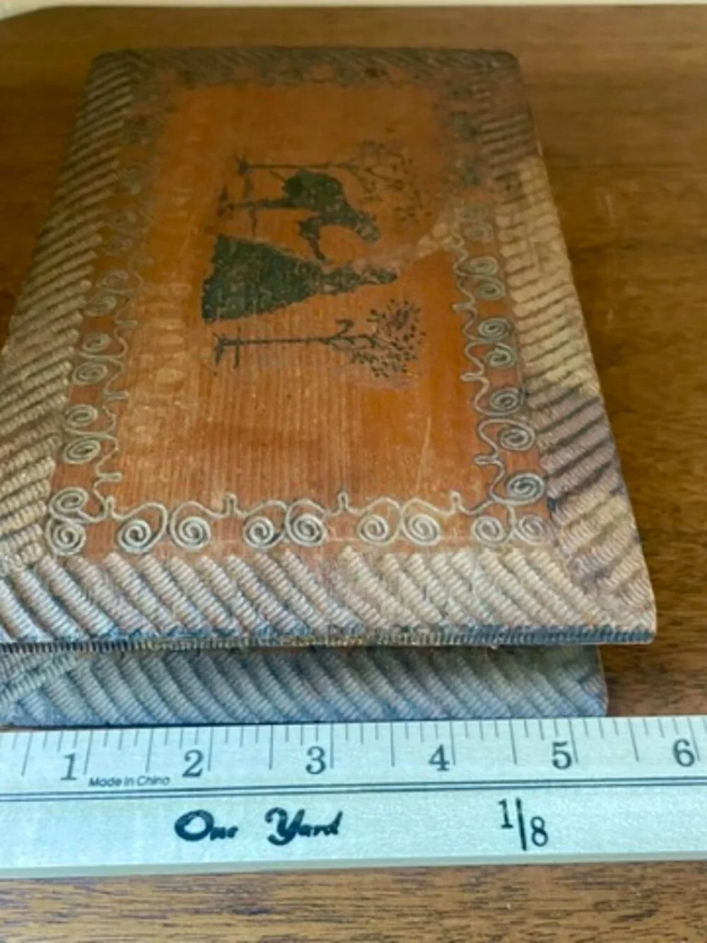 Antique 1910 Primitive Wood Candy Box Courting Couple on Lid - Burned Sillhoute